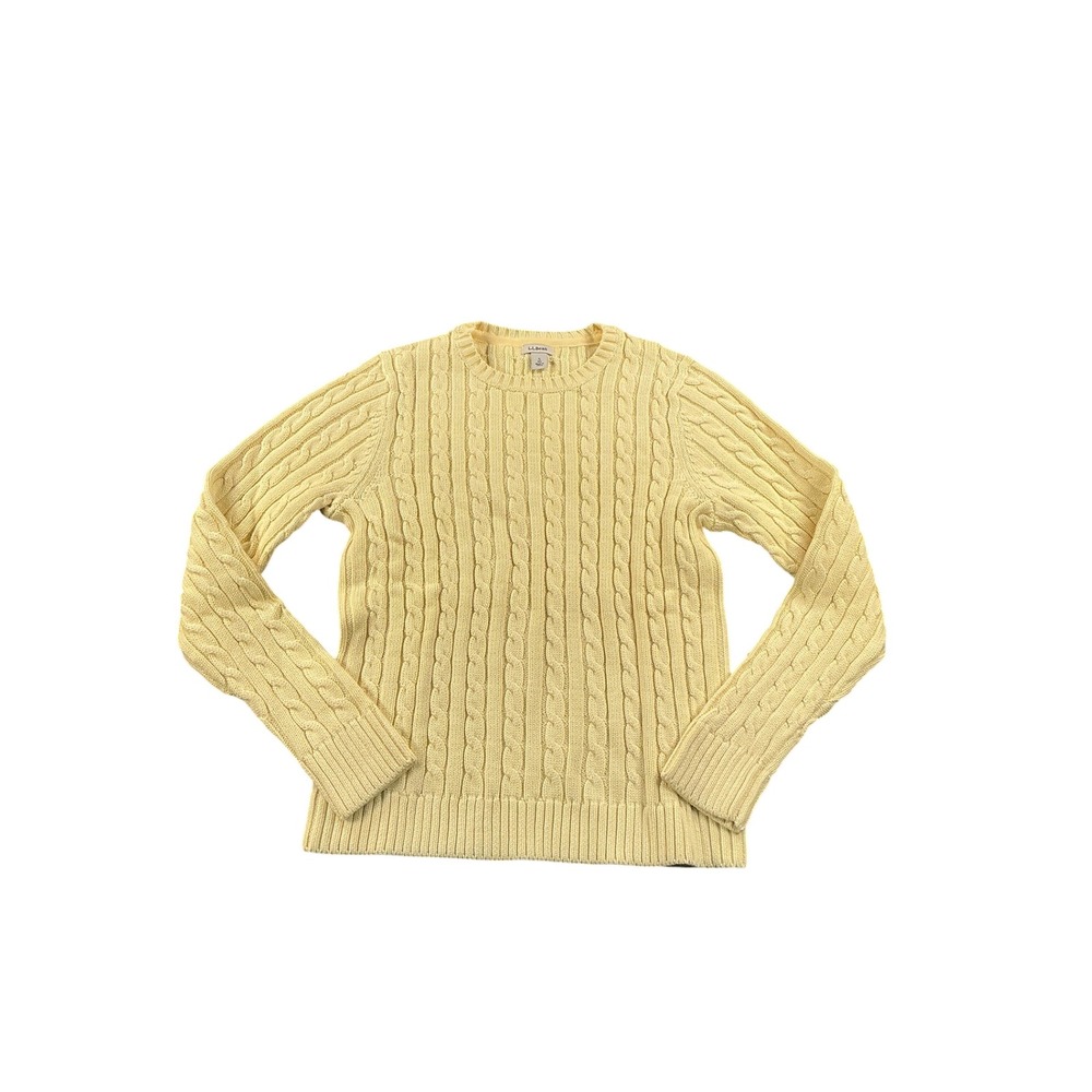 LL Bean Womens Small Yellow Cable Knit Cotton Crewneck Sweater 258841